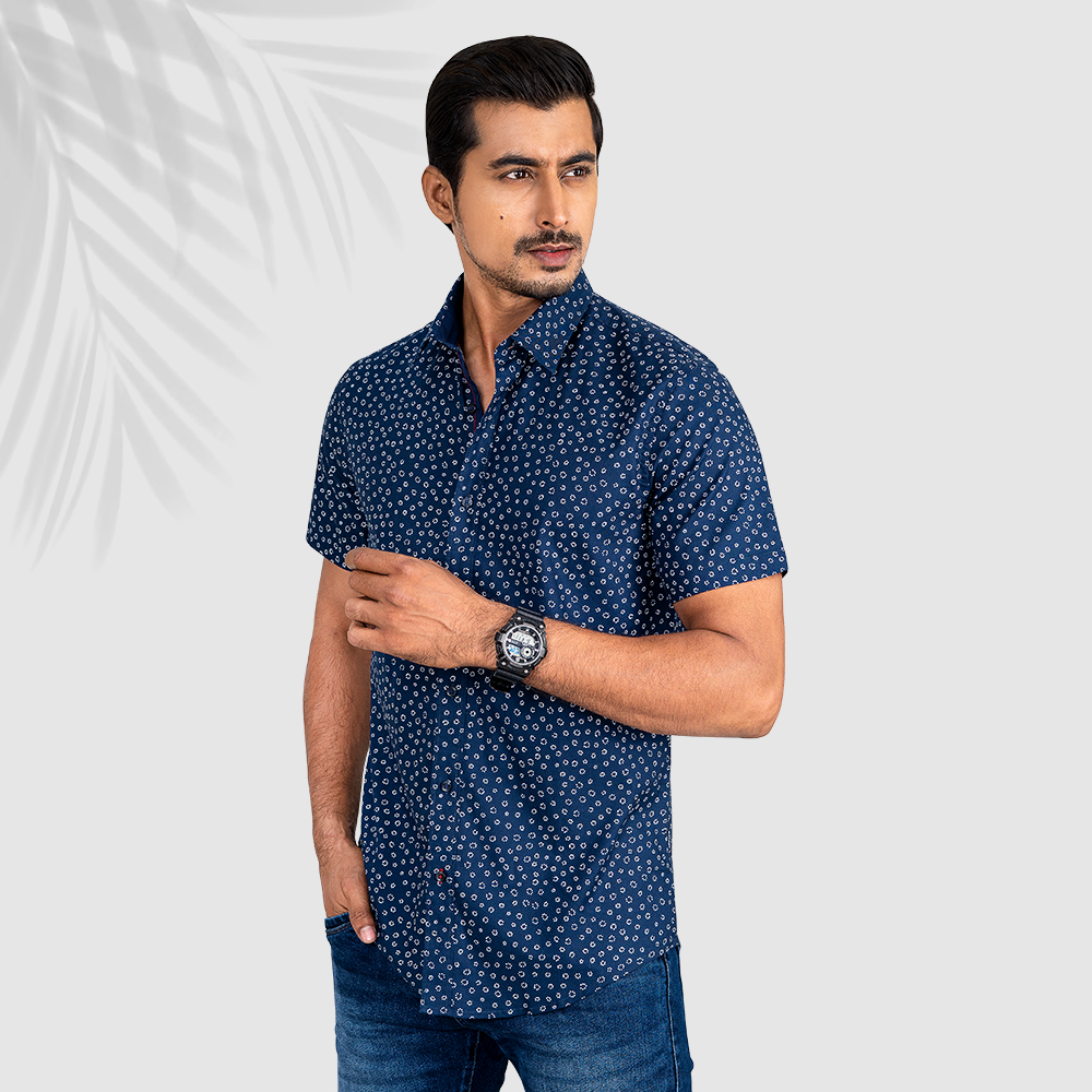 Classic Blue Printed Half Sleeve Shirt by RICHMAN