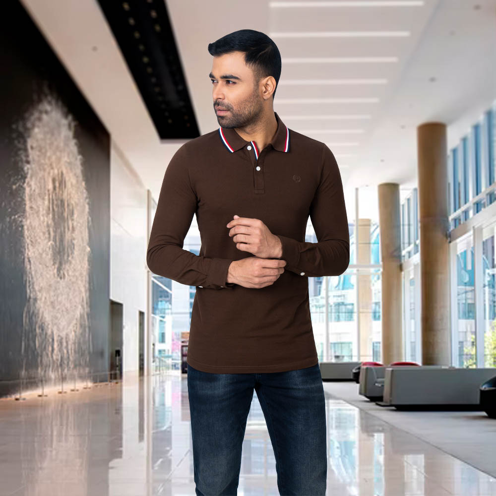 Richman Coffee Color Cotton Full Sleeve Solid Polo For Men