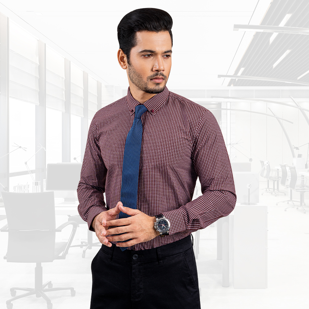 Richman Maroon Color Check Cotton Full Sleeve Slim Fit Shirt