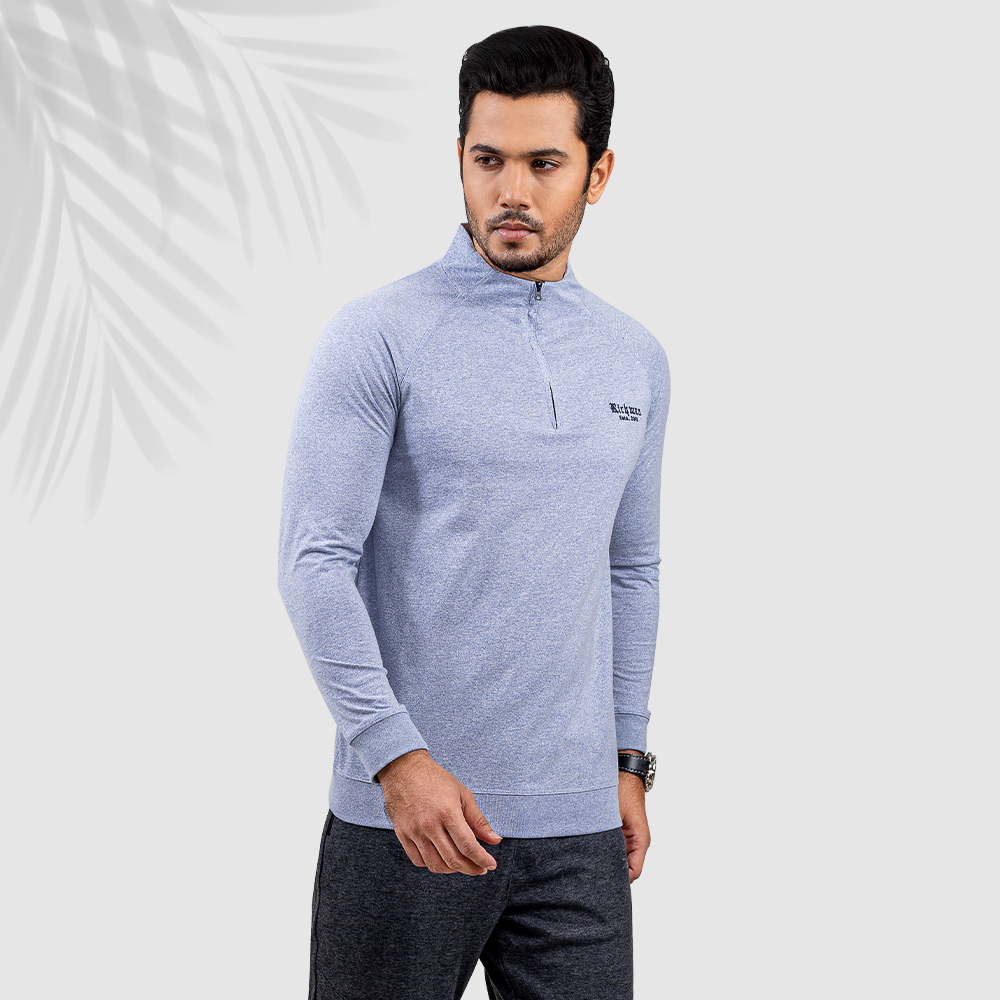 Richman Men's Light Sky Color High-Neck Full Sleeve T-Shirt