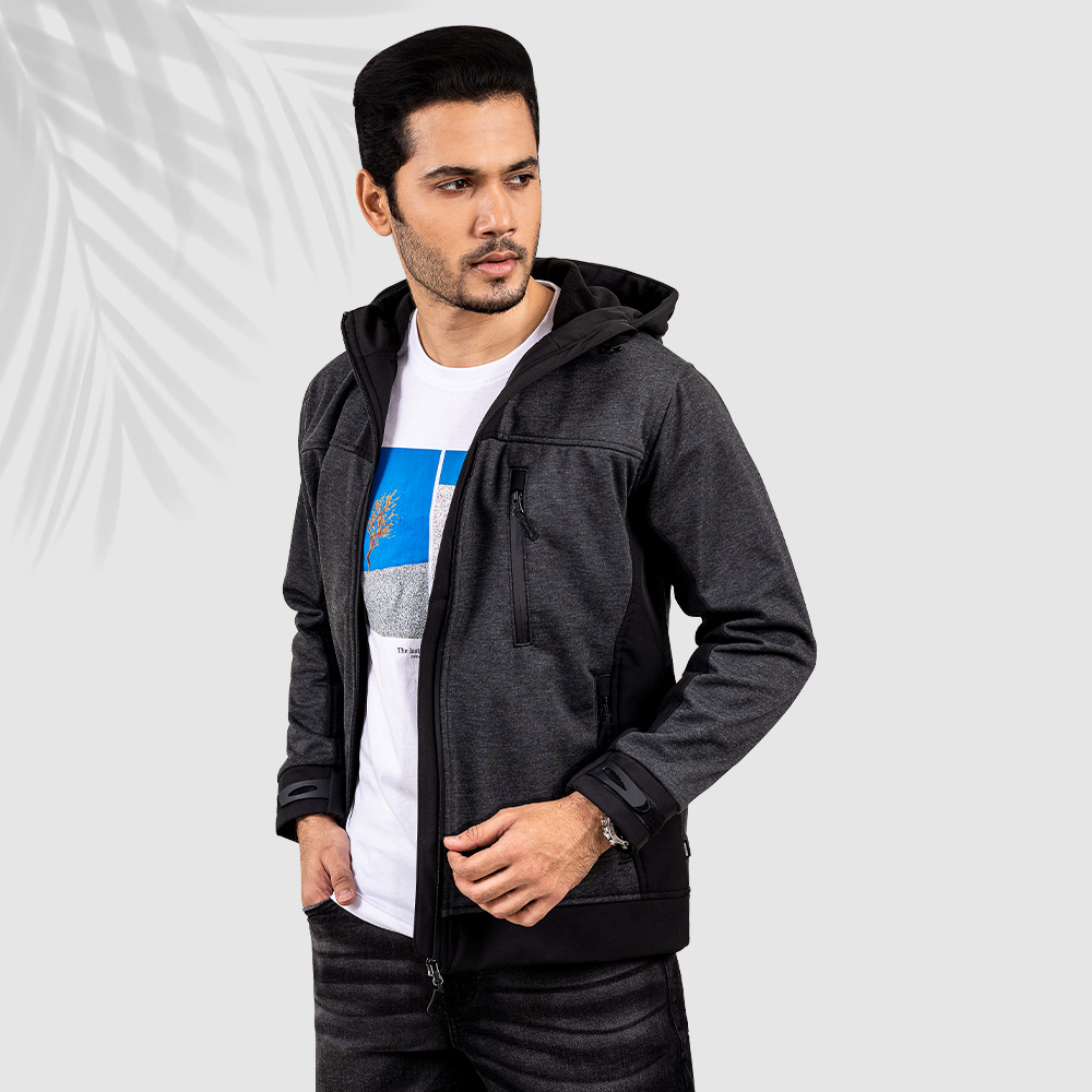 Men's Black Woven Hooded Jacket by RICHMAN