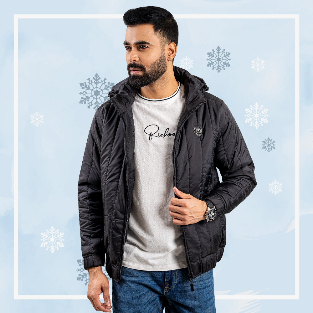 Men's Hooded Black Color Padding Jacket