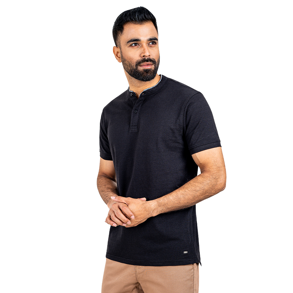 Richman Black Color Solid Band Collar Half Sleeve Polo Shirt