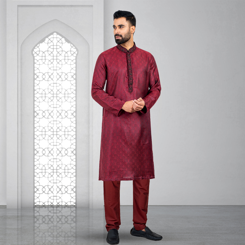 Lubnan Mens Maroon Color Regular Fit Panjabi Set