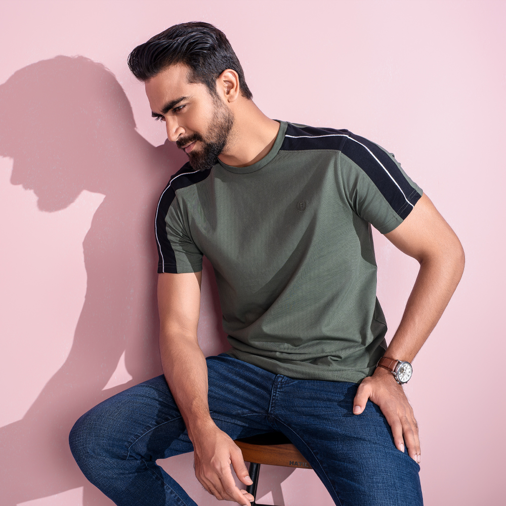 Richman Men's Olive Color Half Sleeve Round Neck T-Shirt