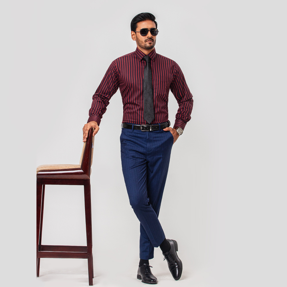 Richman Men's Maroon Stripe Full Sleeve Regular Fit Shirt