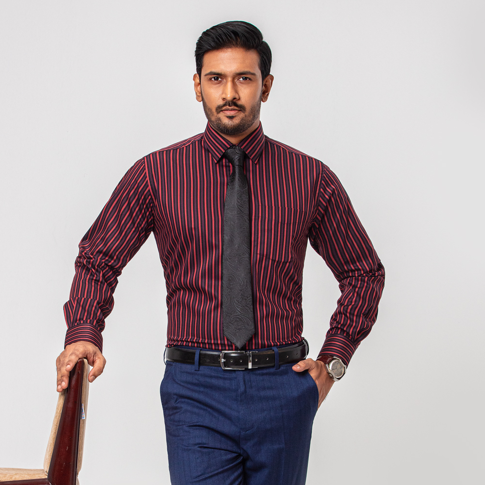 Richman Men's Maroon Stripe Full Sleeve Regular Fit Shirt