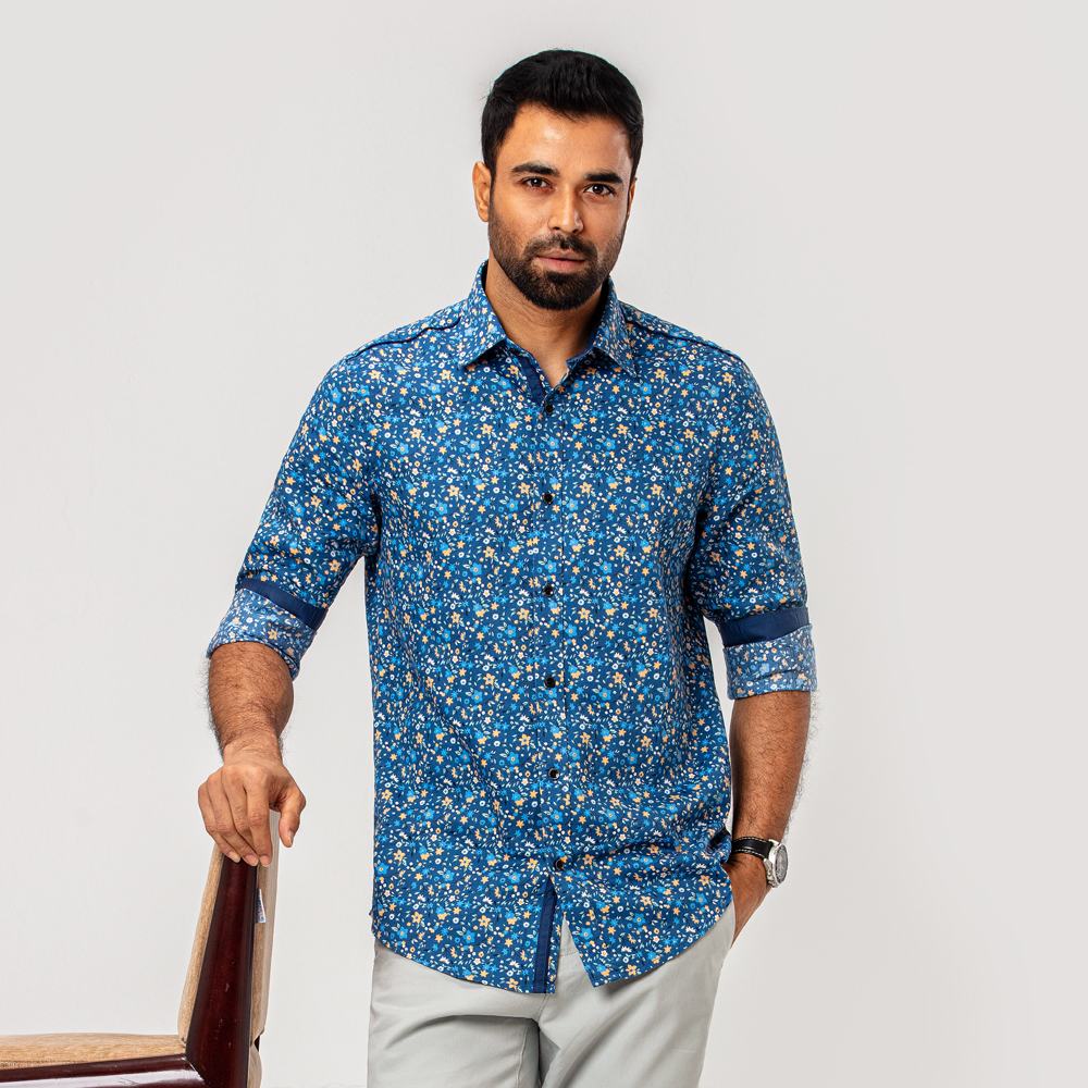 RICHMAN Blue Printed Ultra Slim Fit Full Sleeve Shirt