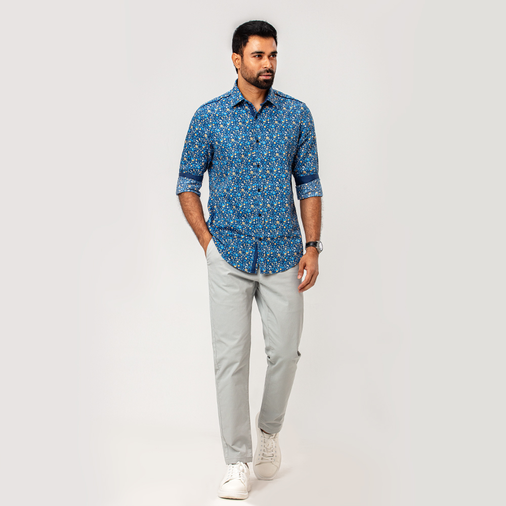 RICHMAN Blue Printed Ultra Slim Fit Full Sleeve Shirt
